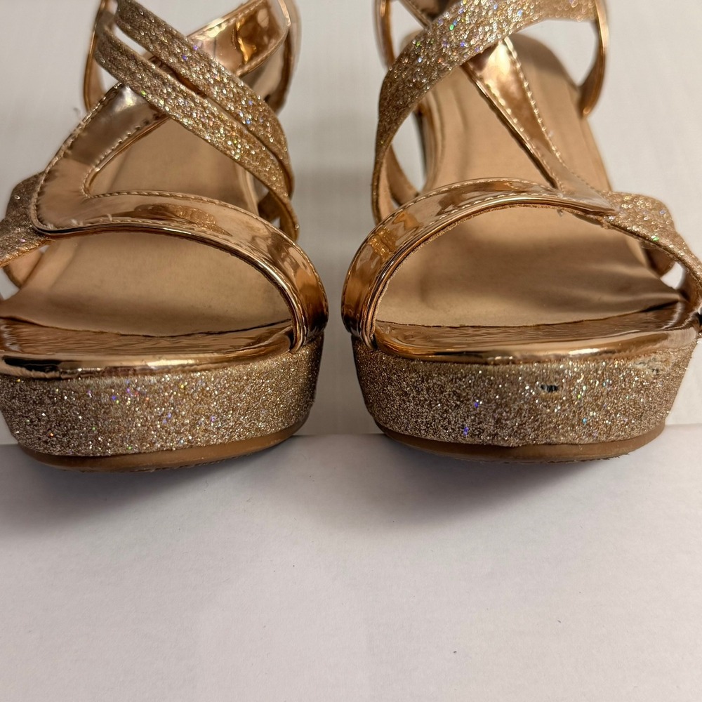 Rose Gold Glitter Metallic Wedge Sandals Sz 7.5 Strappy Platform Heels Prom Glam - Picture 6 of 7